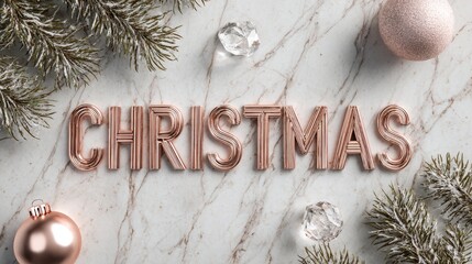 Premium rose gold CHRISTMAS typography on marble surface with pine branches and crystal ornaments