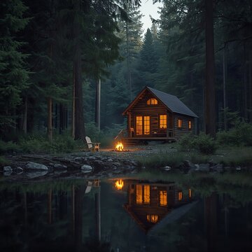 Cozy Cabin by the Lake at Dusk, Tranquil Forest Retreat with Campfire, Serene Evening by a Woodland Cabin,house on the lake