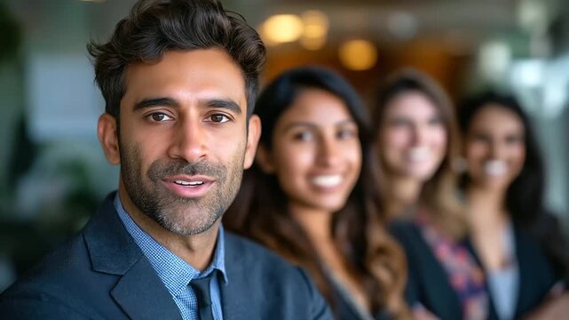 Group of Indian business specialists smiling confidently with a South Asian team leader at the forefront, multiethnic Indian professionals, South Asian manager portrait, happy busi