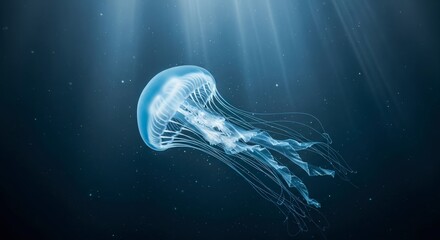 Majestic Blue Jellyfish Gracefully Glides Through Deep Ocean Waters Illuminated by Sunbeams