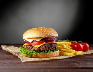 A classic cheeseburger with lettuce, tomato, and onion, served with a side of french fries and cherry tomatoes on a wooden table.