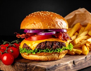 A delicious bacon cheeseburger with fresh lettuce, tomato, and onion, served with french fries on a wooden board.