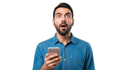 Man Looks Up in Shock Holding Smartphone in Hand