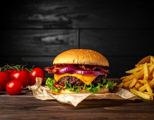 A delicious bacon cheeseburger with lettuce and onion, served with french fries and fresh tomatoes on a rustic wooden table.
