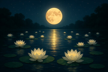 White lotus flowers on lily pads floating on dark water, brilliantly illuminated by a golden full moon and stars, the moon's reflection stretches across the water, tranquil Sharad Purnima scene