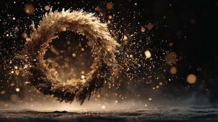 Christmas Wreath floating in zero gravity surrounded by sparkling golden particles