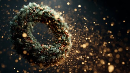 Christmas Wreath floating in zero gravity surrounded by sparkling golden particles
