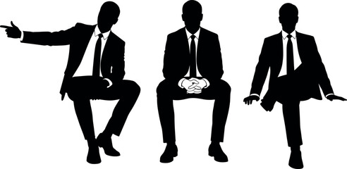 Business posture silhouettes, seated professional figures, corporate body language vector, office gesture illustration, workplace behavior design, executive sitting poses, nonverbal communication conc