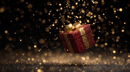 Christmas gift floating in zero gravity surrounded by sparkling golden particles