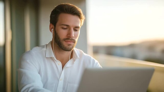 young man attending virtual cognitive behavioral therapy session on laptop at home warm daylight soft notification ping supportive remote mental health three quarter wide angle