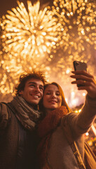 Fototapeta premium Young Couple Taking Selfie Video with Fireworks in Glowing Night Sky