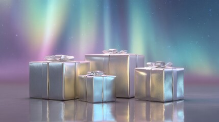 Levitating gift boxes wrapped in metallic paper against gradient aurora borealis background