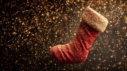 Santa sock floating in zero gravity surrounded by sparkling golden particles