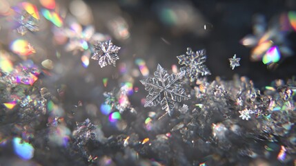 Slow motion crystal snowflakes with rainbow prismatic reflections