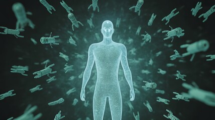 Digital human body wireframe surrounded by abstract biological forms
