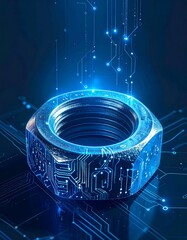 Metallic nut atop a circuit board, with glowing blue digital lines