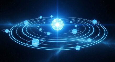 Digital rendering of a glowing solar system model with planets orbiting a central sun on a dark background