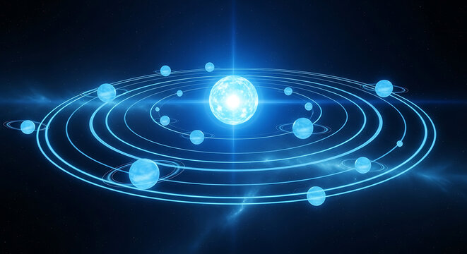 Digital rendering of a glowing solar system model with planets orbiting a central sun on a dark background