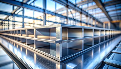 Fototapeta premium Modern steel framework shines under bright light, perfect for industrial design, construction engineering, or minimalist architecture projects, crisp and clean
