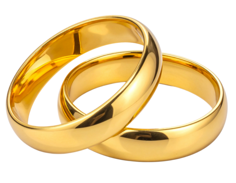 Classic Gold Wedding Rings Pair, Overlapping on White Surface, Isolated on Transparen