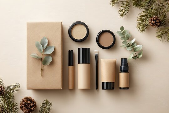Elegant flat lay composition featuring a curated selection of makeup and cosmetic products, complemented by natural elements and a gift box.