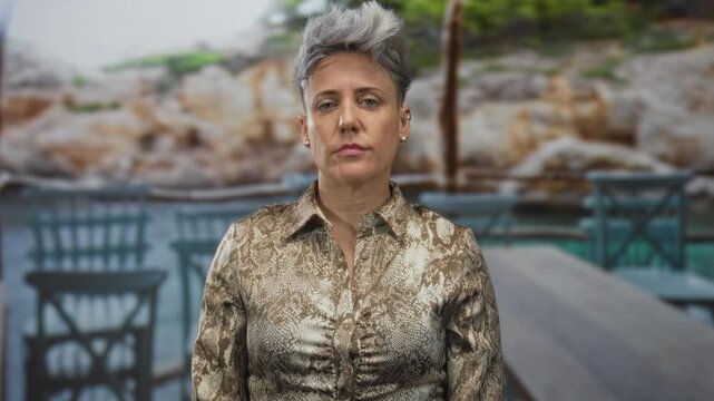 Woman with short grey hair rolls eyes on a restaurant terrace building wearing a patterned blouse; boredom.
