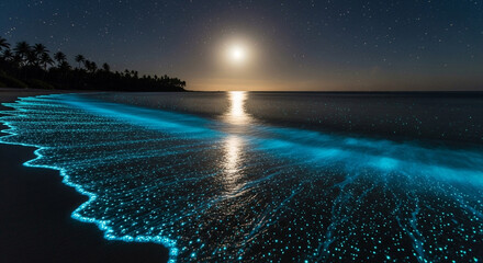 Bioluminescent waves washing ashore on a tropical beach under a starry night sky with the moon reflecting on the waters surface
