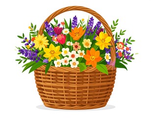 Illustration of a handwoven wicker basket brimming with an assortment of colorful, vibrant spring flowers of various types and textures