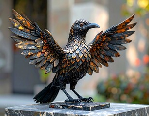 Metallic sculpture of a bird with outstretched wings, crafted outdoors