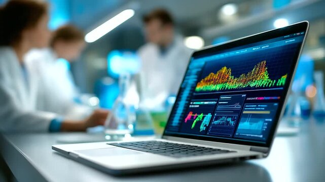 Laptop on a lab desk analyzing DNA sequences for a research team, with anonymous scientists working nearby, genetic analysis lab laptop, modern science laboratory, DNA software res