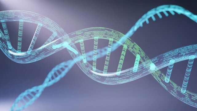 Futuristic glowing DNA helix structure encoded with digital data and binary code, symbolizing genomics and technology.