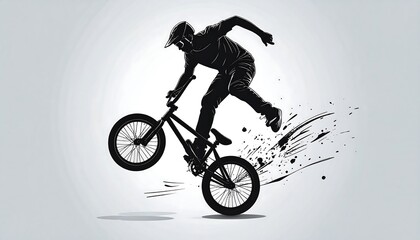 Obraz premium Silhouette of a BMX rider mid-trick, with a wheelie pose and splash effects on a gradient white background