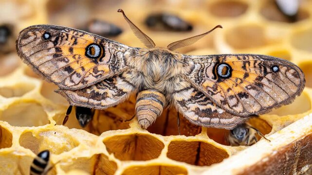 A detailed close-up of a butterfly on honeycomb with bees.
