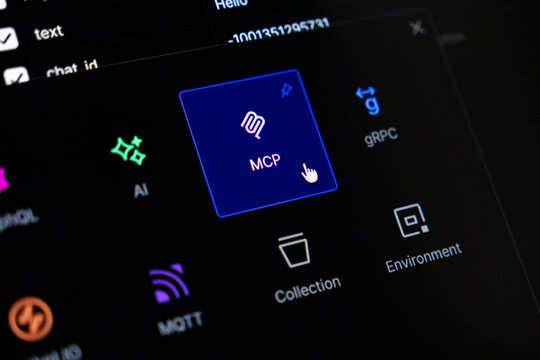 Digital software interface with a cursor clicking the MCP module, showcasing various API protocols like AI, gRPC, and MQTT for backend development