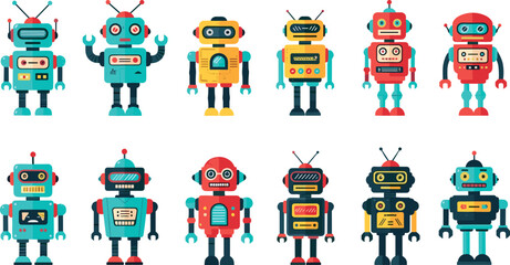 Cartoon robot character set, colorful AI illustration pack, playful tech designs, futuristic machine icons, kids friendly robot collection, vector robot art