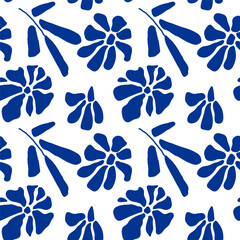 Seamless flower pattern. Botanical doodle backgrounds. Abstract flowers and leaves in folk style. Botanical hygge naive illustrations kit. Repeated template for textile, wrapping, wallpaper, scrap.