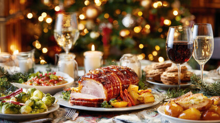 Naklejka premium Traditional Glazed Christmas Ham or Roast Dinner on Festive Table Setting, Surrounded by Side Dishes, Wine Glasses, Warm Bokeh Lights from a Decorated Christmas Tree - Holiday Family Feast Celebration