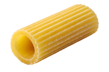 Close up of a single ridged rigatoni pasta tube on black background food Italian food