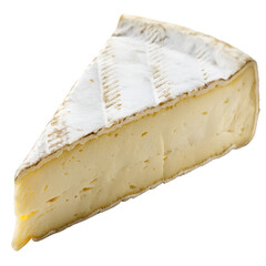 Close up of a single wedge of soft white rind cheese with yellow interior soft cheese yellow cheese