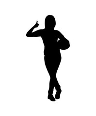 Silhouette of a young person holding a basketball and giving a thumbs up gesture