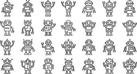 Cartoon robot line art set, black and white tech character collection, playful AI illustrations, futuristic machine icons, vector robot design pack
