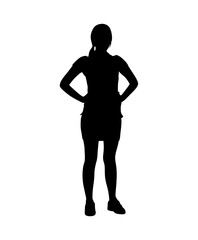 Silhouette of a confident woman standing with hands on hips against a white background