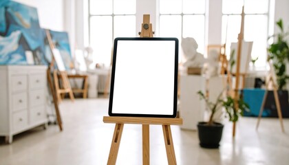 Empty tablet on easel in art studio with mockup, and blank screen.