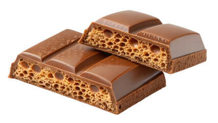 Close up of three pieces of aerated milk chocolate on black background aerated chocolate bubbly