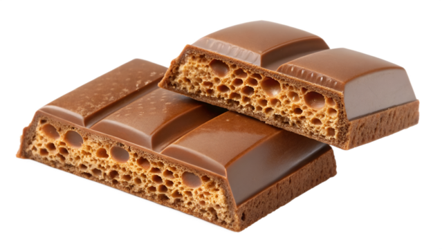 Close up of three pieces of aerated milk chocolate on black background aerated chocolate bubbly