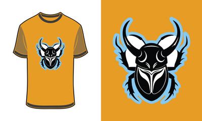 Tshirt mockup beetle head graphic with blue outline orange insect