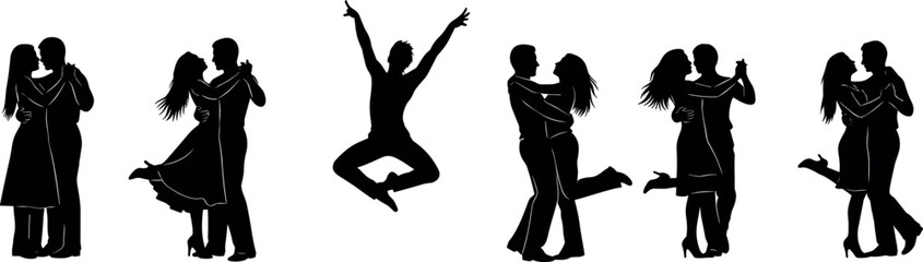Dancing couple and leaping figure silhouettes, black vector illustration, expressive human poses, romantic and dynamic movement design, artistic people graphic for decor