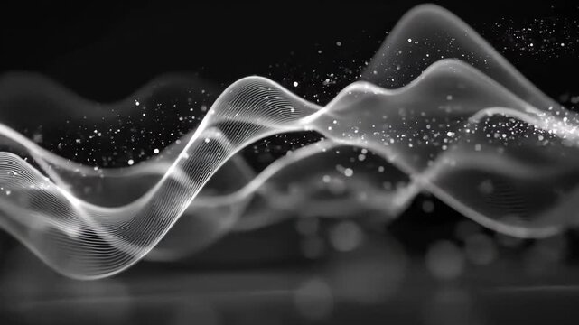 Sleek black and white wave lines create a modern and dynamic composition with subtle specks of light capturing the essence of fluid motion in a minimalist style