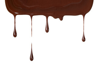 Melted chocolate drops dripping down on a white background