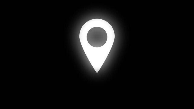 Localization mark A glowing white location pin icon on a black background, symbolizing navigation, position, or GPS with a modern and futuristic aesthetic. 4k alpha channel